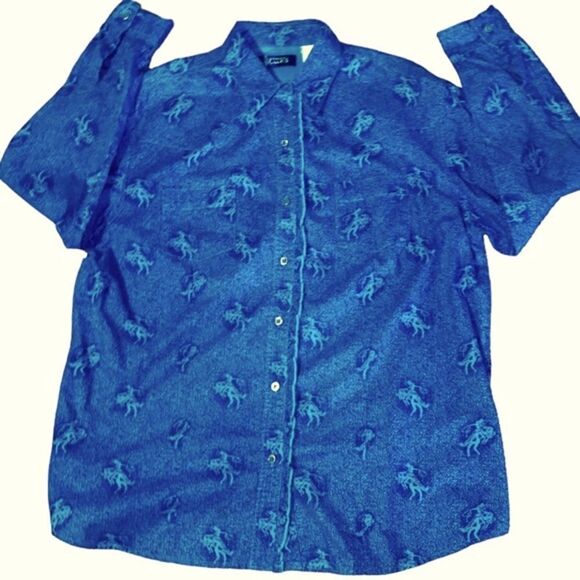 Wrangler Blues Sz XL Blue Ruffle Roping Bucking Bronco Horse Button Down Shirt - Picture 1 of 6